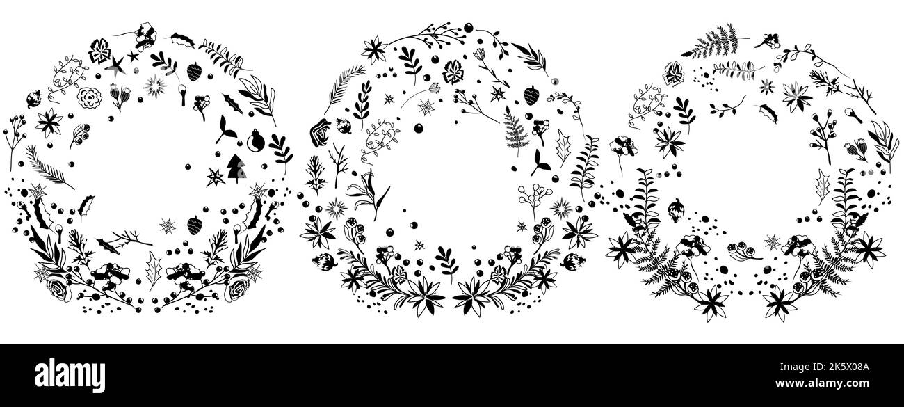Couronne de Noël noire et blanche avec fleurs poinsettia, feuilles, baies d'hiver, branche d'épinette. Concept Noël et nouvel an. Idéal pour les cartes de vœux, les affiches et les bannières. Vecteur Illustration de Vecteur Couronne de Noël noire et blanche avec fleurs poinsettia, feuilles, baies d'hiver, branche d'épinette. Concept Noël et nouvel an. Idéal pour les cartes de vœux, les affiches et les bannières. Vecteur Illustration de Vecteur