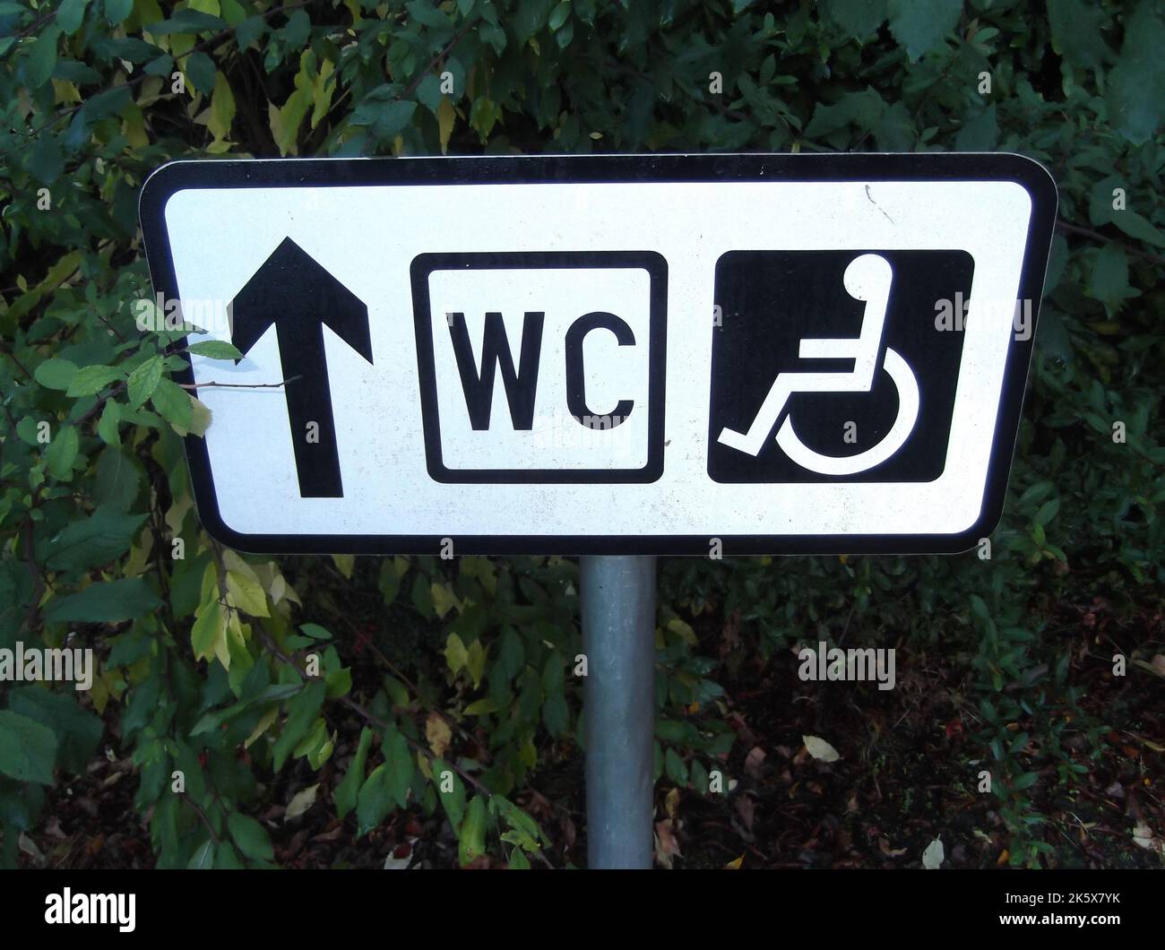 Panneau de toilettes pour personnes handicapées avec direction en noir et blanc Banque D'Images