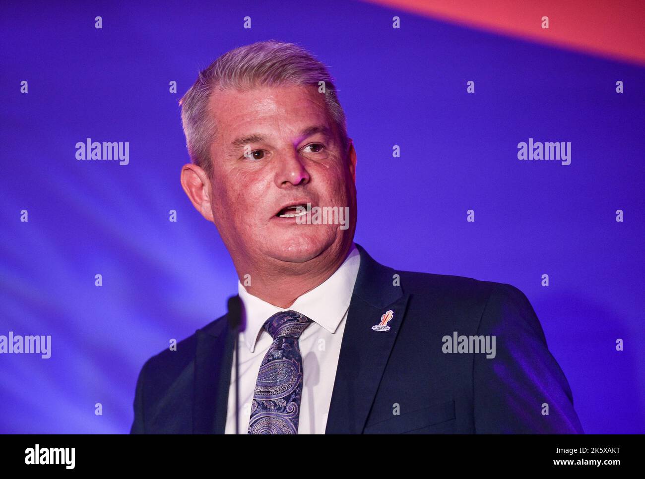 Manchester, Angleterre - 10th octobre 2022 - le ministre des Sports, des Arts et de la Culture, Stuart Andrew, s'exprime au lancement de la coupe du monde de rugby à XV RLWC 2021 au Science Museum, à Manchester, au Royaume-Uni Banque D'Images