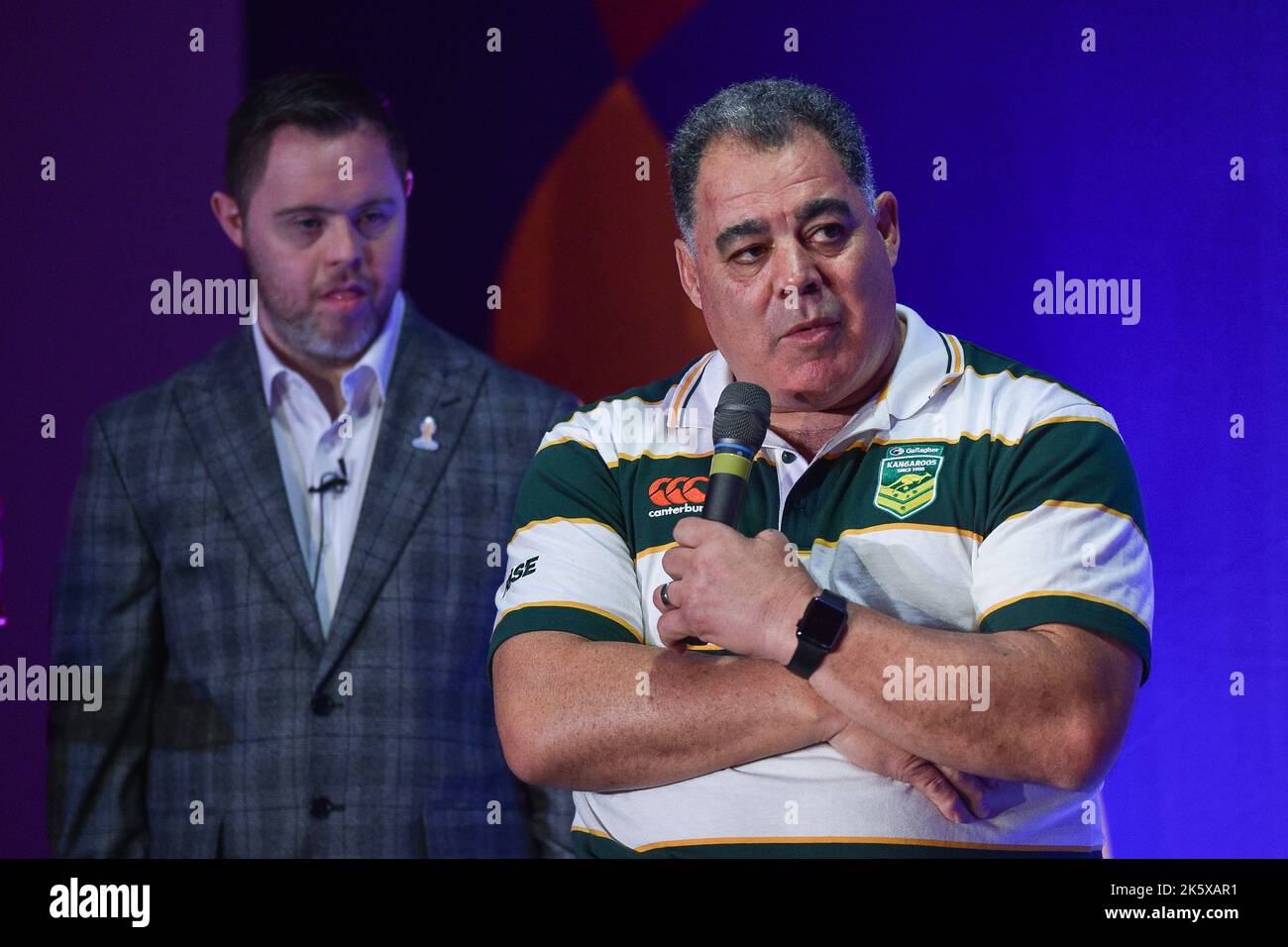 Manchester, Angleterre - 10th octobre 2022 - l'entraîneur-chef australien Mal Maninga parle lors du lancement de la coupe du monde de rugby à XIII 2021 au Science Museum, Manchester, Royaume-Uni Banque D'Images