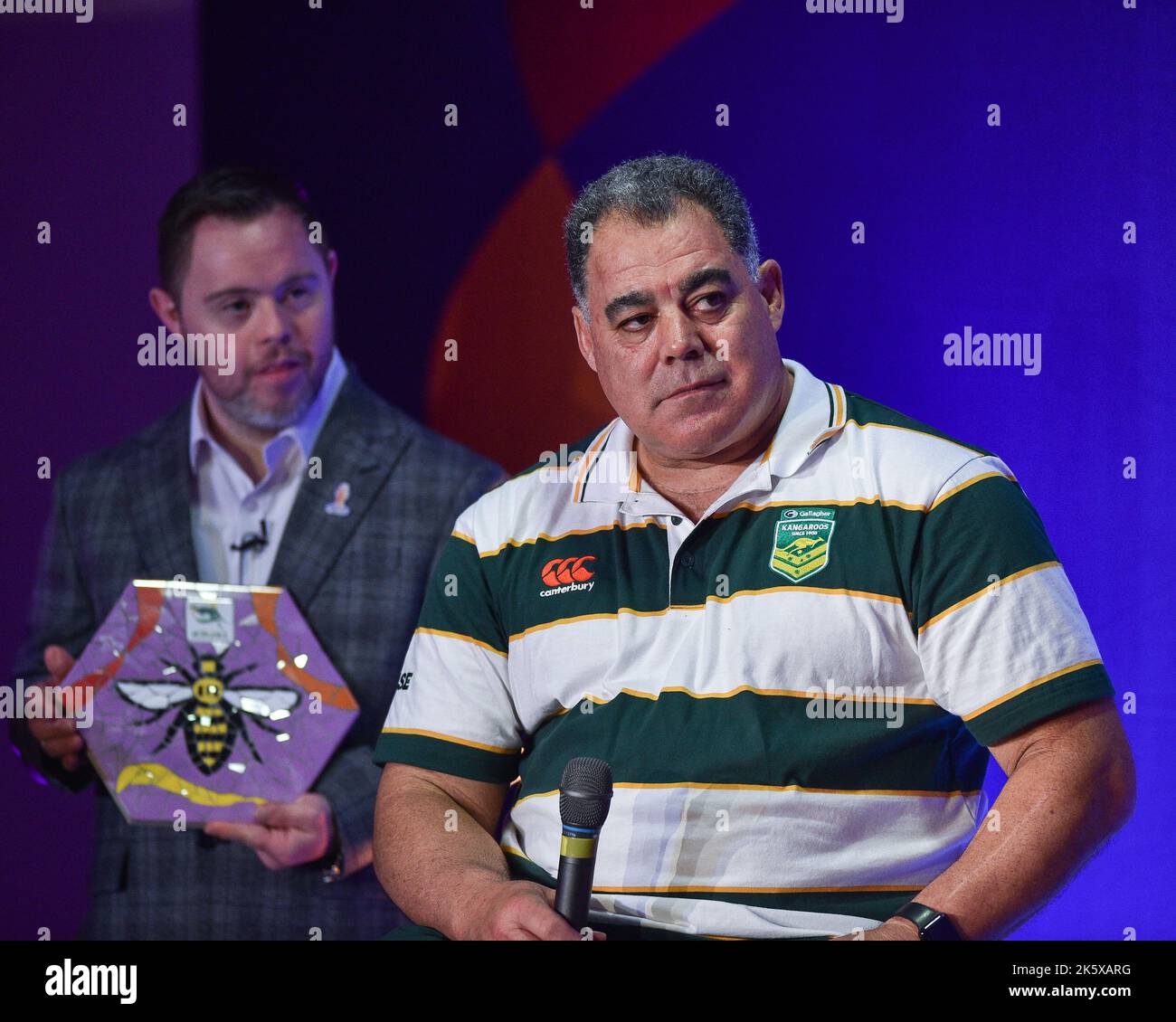 Manchester, Angleterre - 10th octobre 2022 - l'entraîneur-chef australien Mal Maninga parle lors du lancement de la coupe du monde de rugby à XIII 2021 au Science Museum, Manchester, Royaume-Uni Banque D'Images