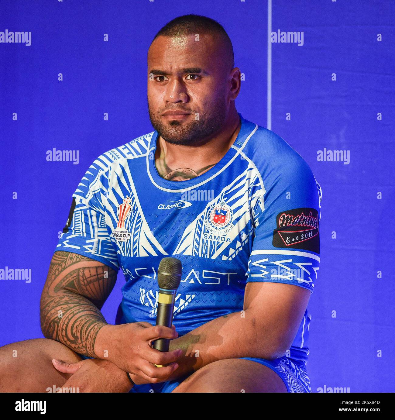 Manchester, Angleterre - 10th octobre 2022 - Conférence de Paulo Junior of Samoa lors de la coupe du monde de rugby RLWC 2021 au Science Museum, Manchester, Royaume-Uni Banque D'Images