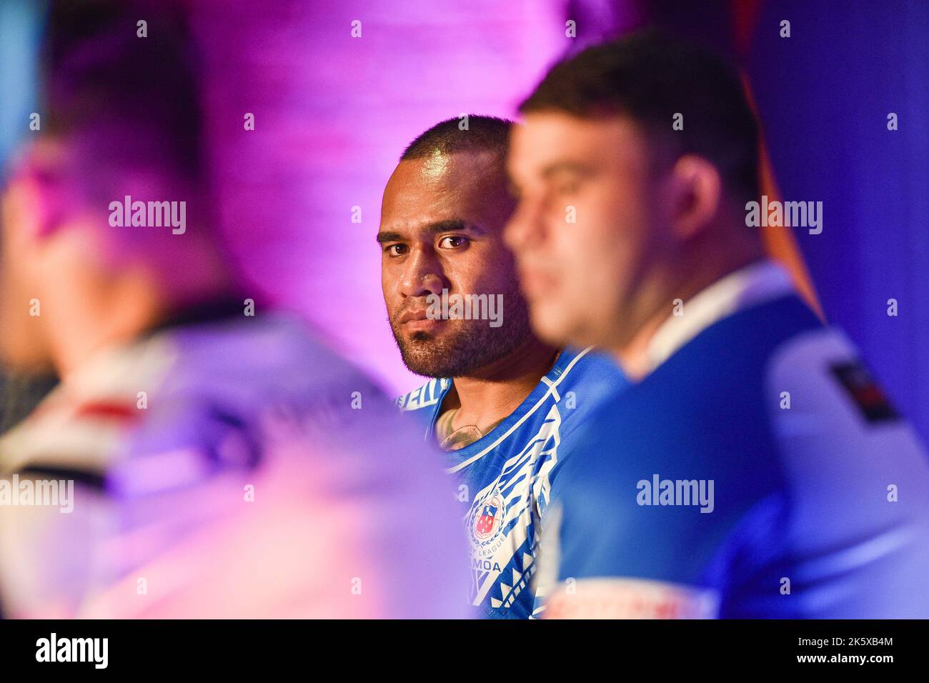 Manchester, Angleterre - 10th octobre 2022 - Conférence de Paulo Junior of Samoa lors de la coupe du monde de rugby RLWC 2021 au Science Museum, Manchester, Royaume-Uni Banque D'Images