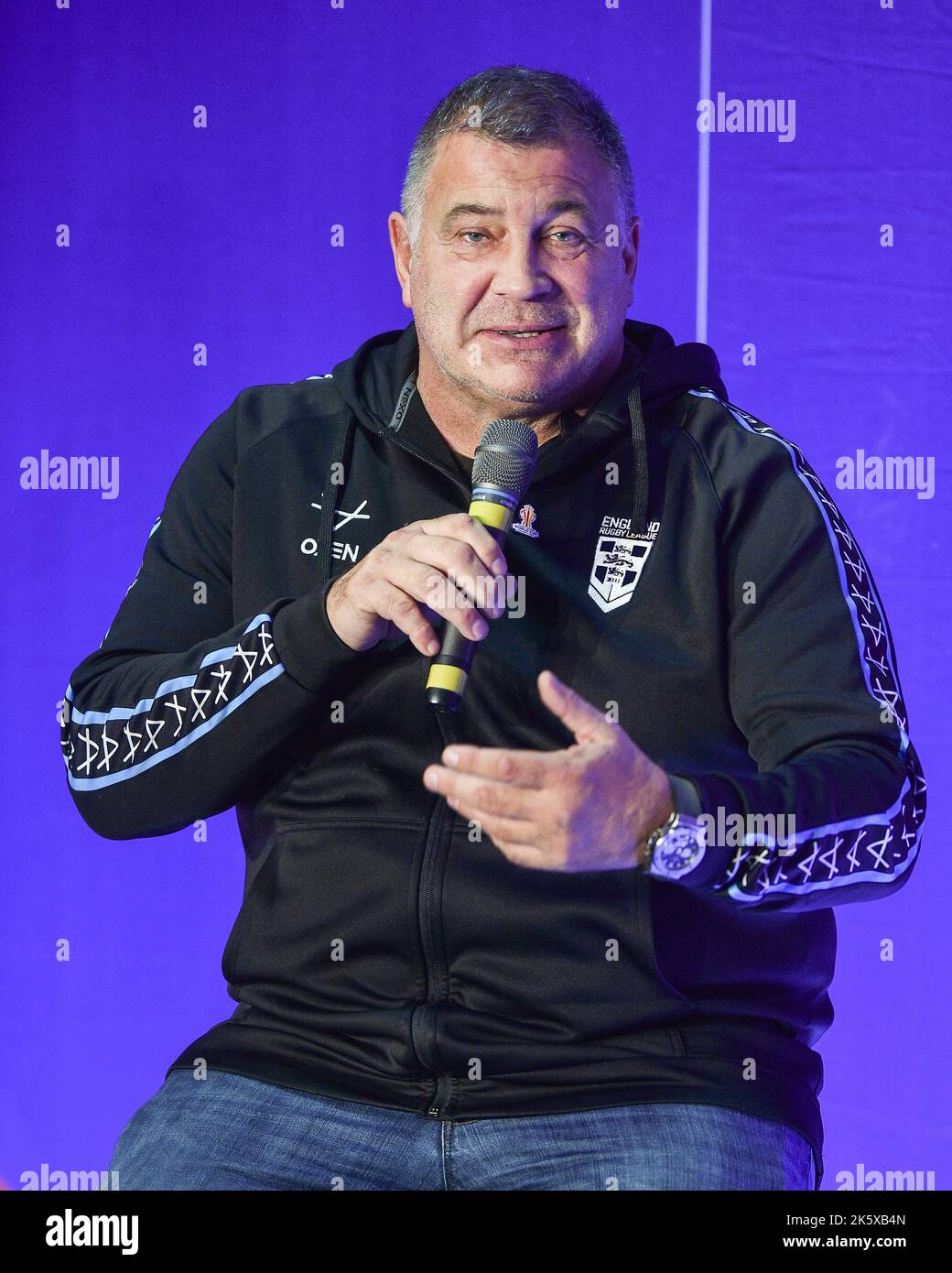 Manchester, Angleterre - 10th octobre 2022 - l'entraîneur-chef d'Angleterre, Shaun wane, participe à une séance de questions-Réponses lors du lancement de la coupe du monde de rugby RLWC 2021 au Science Museum, Manchester, Royaume-Uni Banque D'Images