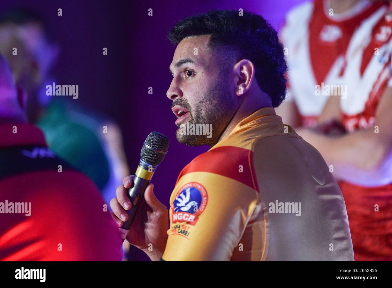Manchester, Angleterre - 10th octobre 2022 - Rhyse Martin de PNG parle lors de la coupe du monde de rugby à XV lancement de RLWC 2021 au Science Museum, Manchester, Royaume-Uni Banque D'Images