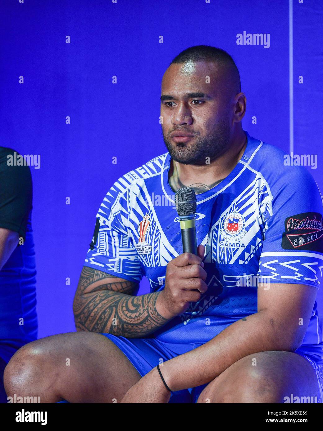 Manchester, Angleterre - 10th octobre 2022 - Conférence de Paulo Junior of Samoa lors de la coupe du monde de rugby RLWC 2021 au Science Museum, Manchester, Royaume-Uni Banque D'Images