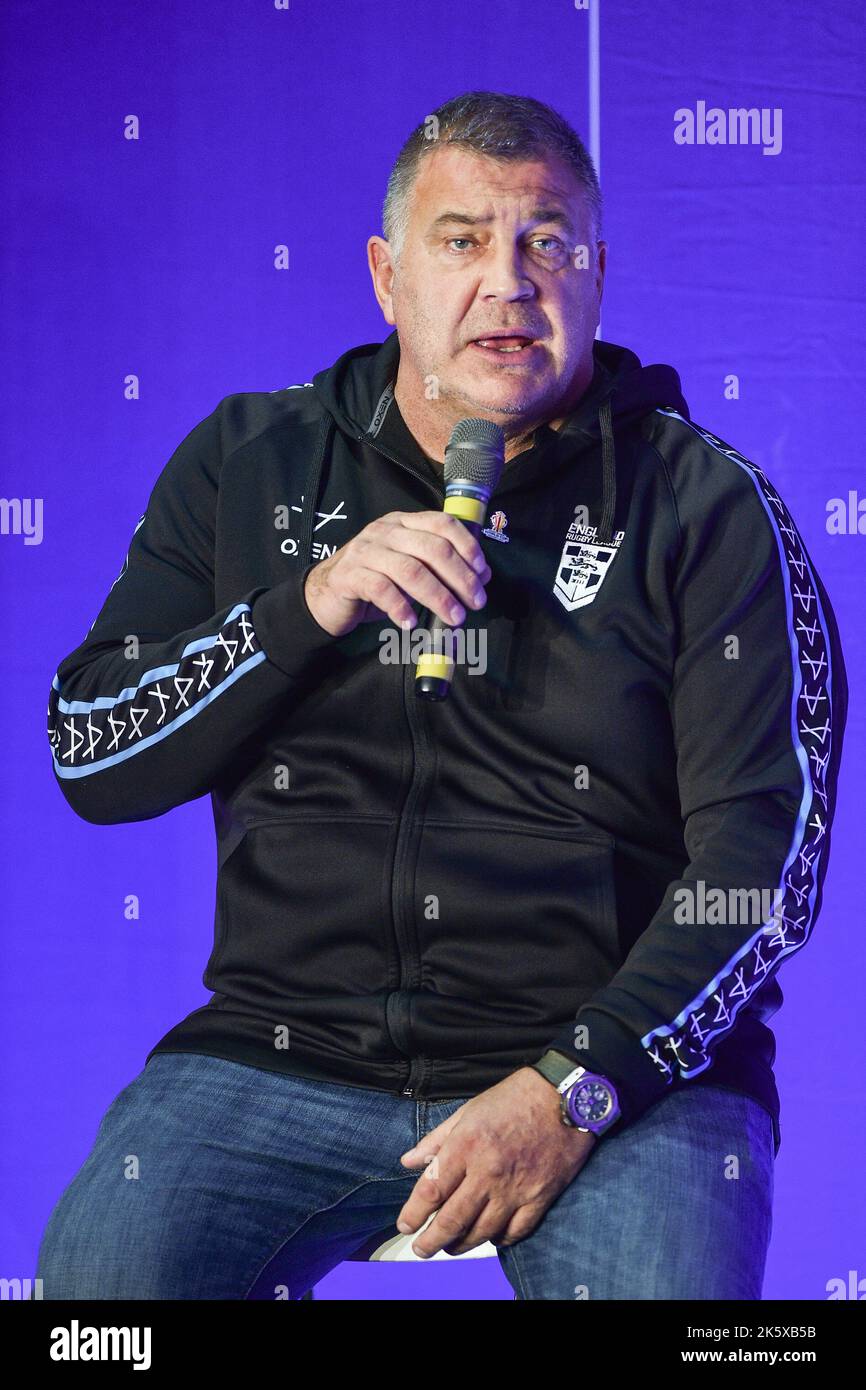 Manchester, Angleterre - 10th octobre 2022 - l'entraîneur-chef d'Angleterre, Shaun wane, participe à une séance de questions-Réponses lors du lancement de la coupe du monde de rugby RLWC 2021 au Science Museum, Manchester, Royaume-Uni Banque D'Images
