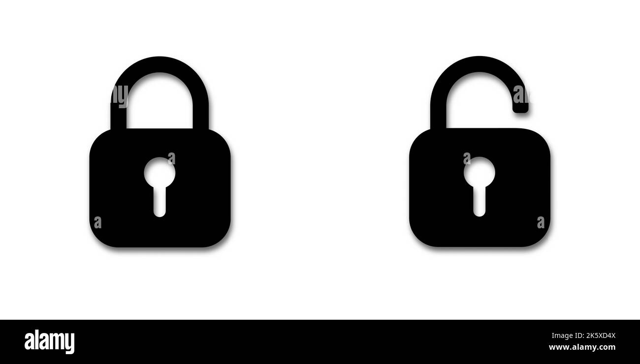 Icônes de verrouillage noires. Icône de cadenas ouvert et fermé. Les symboles noirs se verrouillent et se déverrouillent sur un arrière-plan blanc avec une ombre. Pour un site Web ou une application mobile. Vecteur Illustration de Vecteur