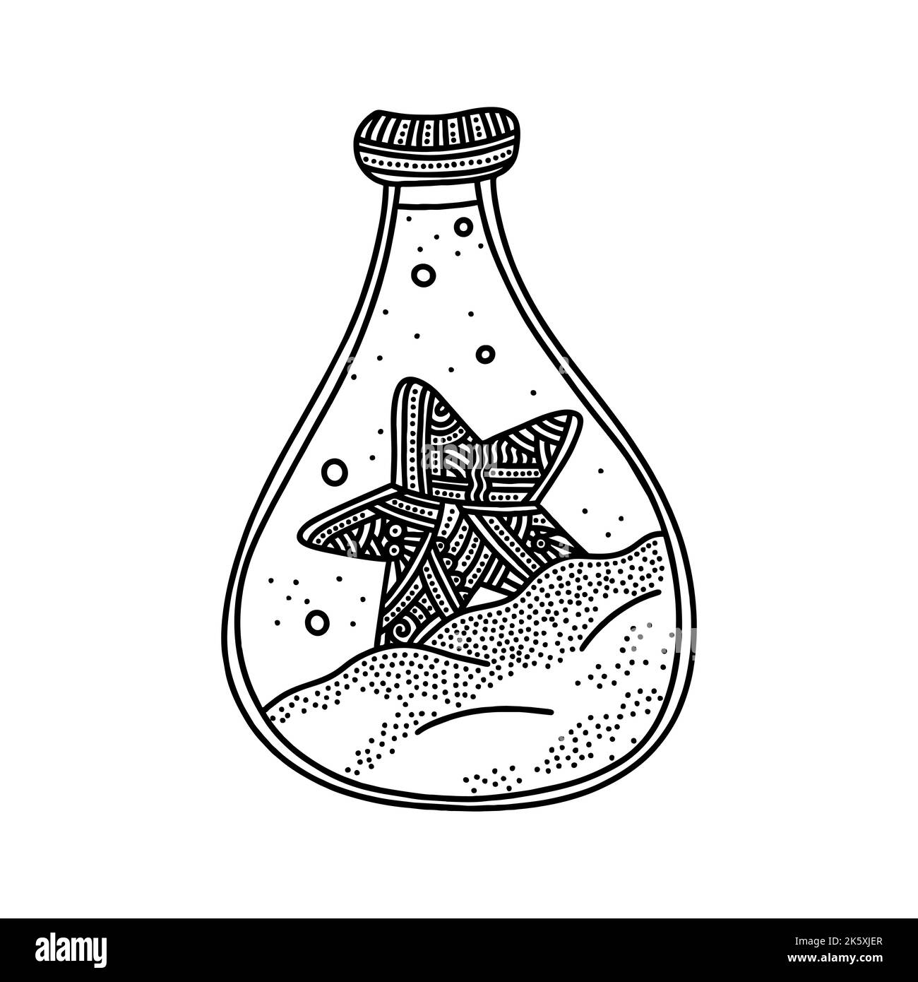 Illustration de style Doodle. Une étoile de mer à l'intérieur de la bouteille, tirée à la main. Illustration de Vecteur
