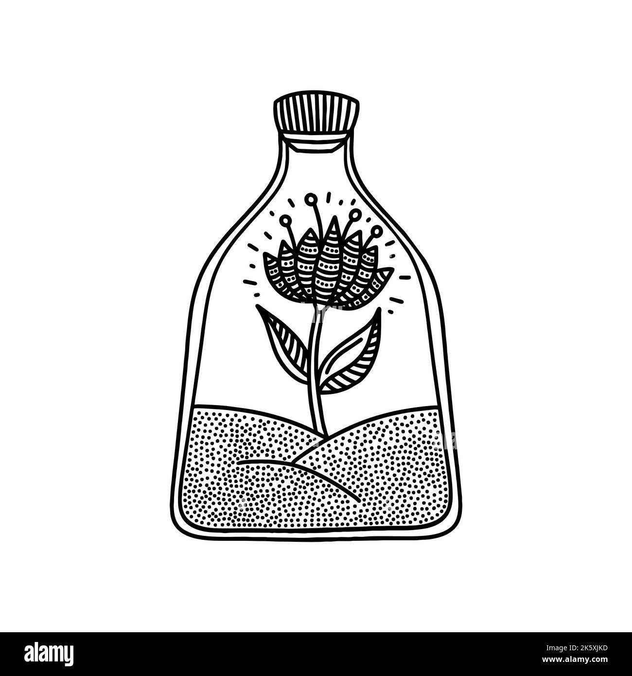 Illustration de style Doodle. Une fleur magique à l'intérieur de la bouteille, dessinée à la main. Illustration de Vecteur
