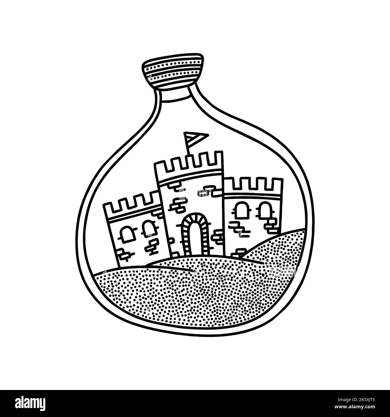 Illustration de style Doodle. Tours de forteresse à l'intérieur de la bouteille, un élément de conception. Illustration de Vecteur