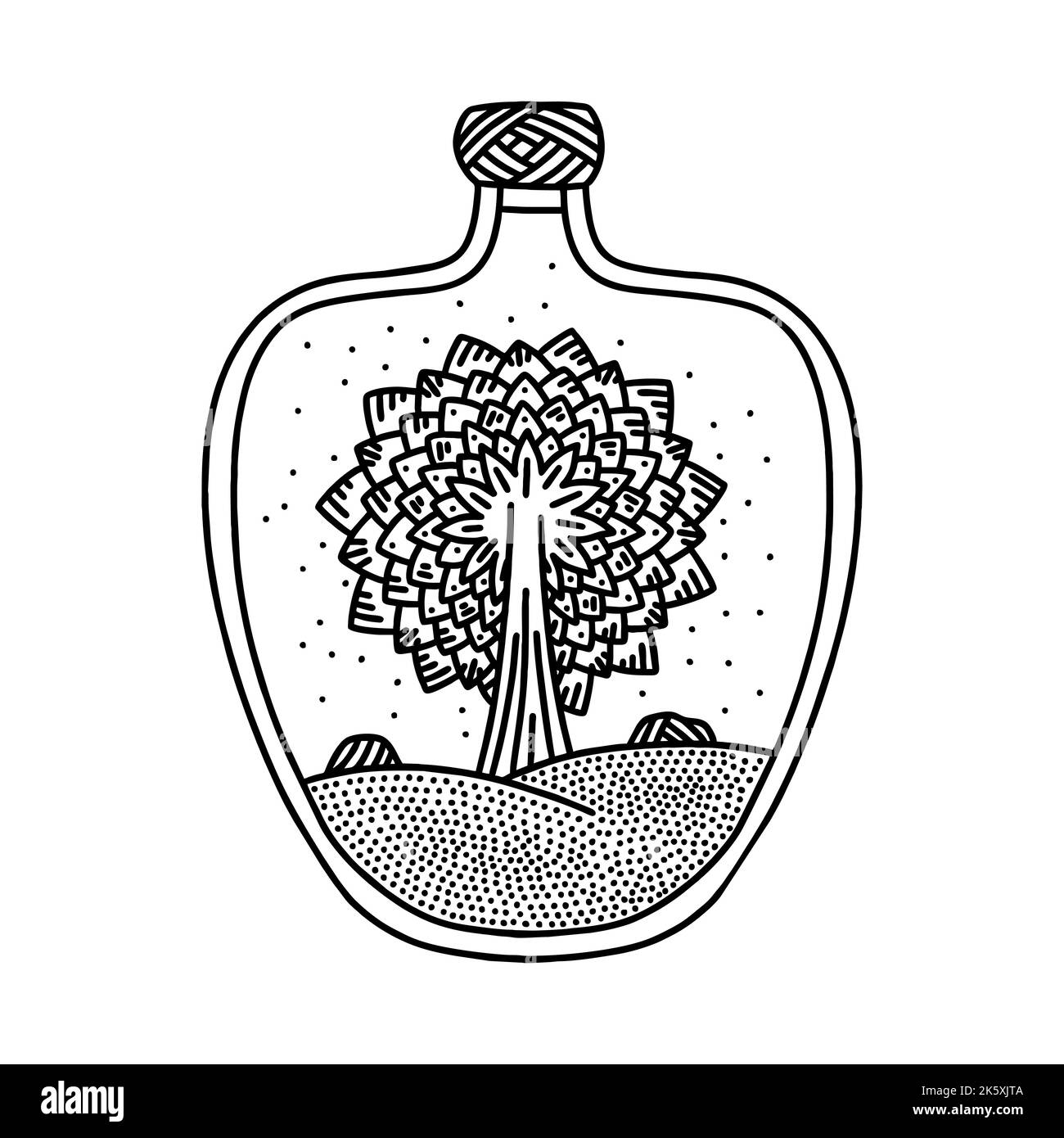 Illustration de style Doodle. L'arbre à l'intérieur de la bouteille, dessiné à la main. Illustration de Vecteur