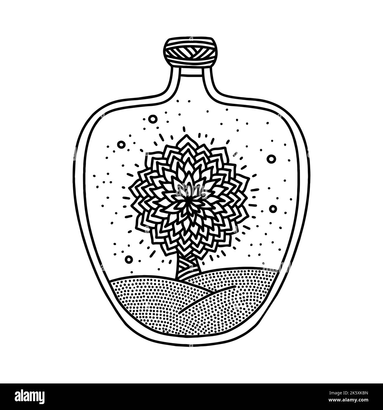 Illustration de style Doodle. L'arbre à l'intérieur de la bouteille, dessiné à la main. Illustration de Vecteur