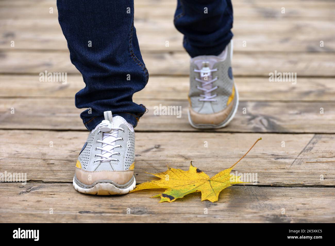 Jambes de femme en jeans et baskets sur chemin en bois avec feuille d'érable tombée. Fille qui court dans le parc d'automne Banque D'Images