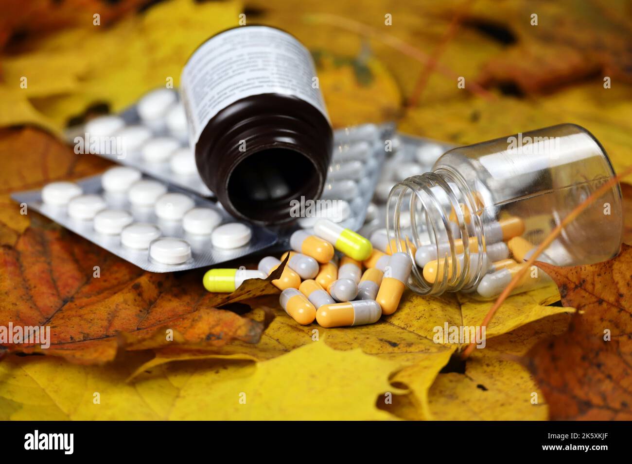 Pilules sur feuilles d'érable jaune, bouteilles de capsules et paquets de comprimés. Pharmacie, antidépresseurs, vitamines pour l'immunité en automne saison de la grippe Banque D'Images