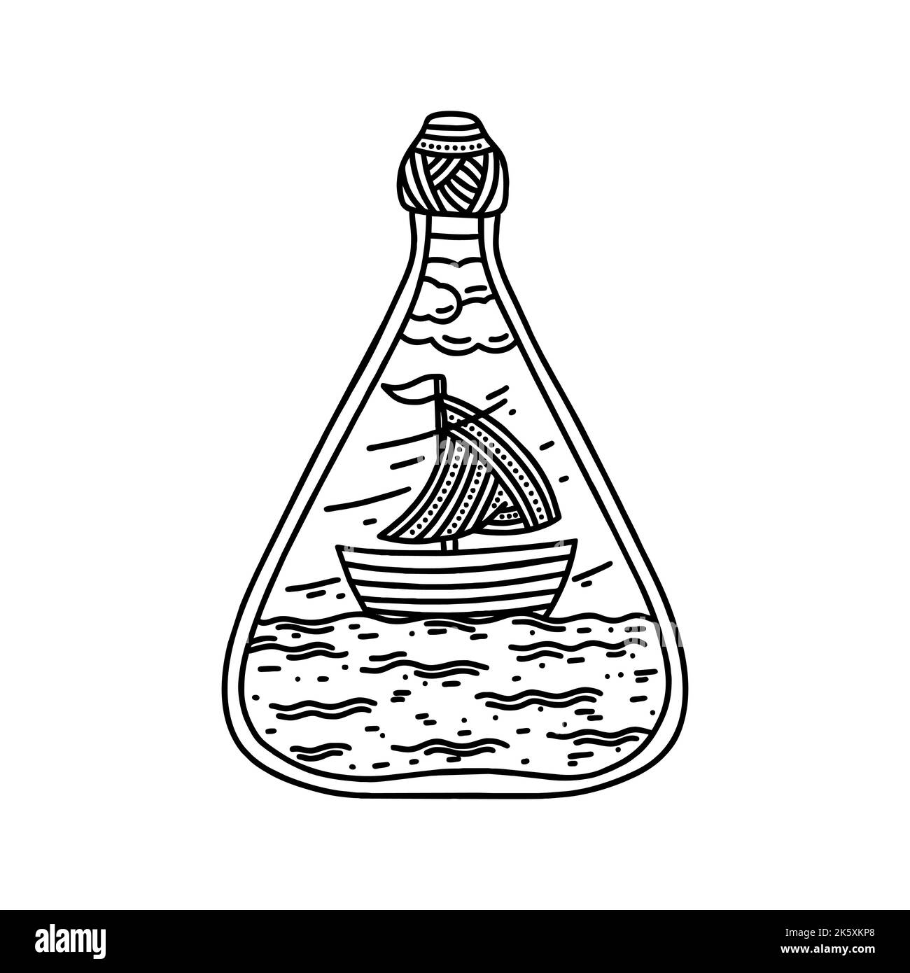 Illustration de style Doodle. Le navire à l'intérieur de la bouteille, dessiné à la main. Illustration de Vecteur