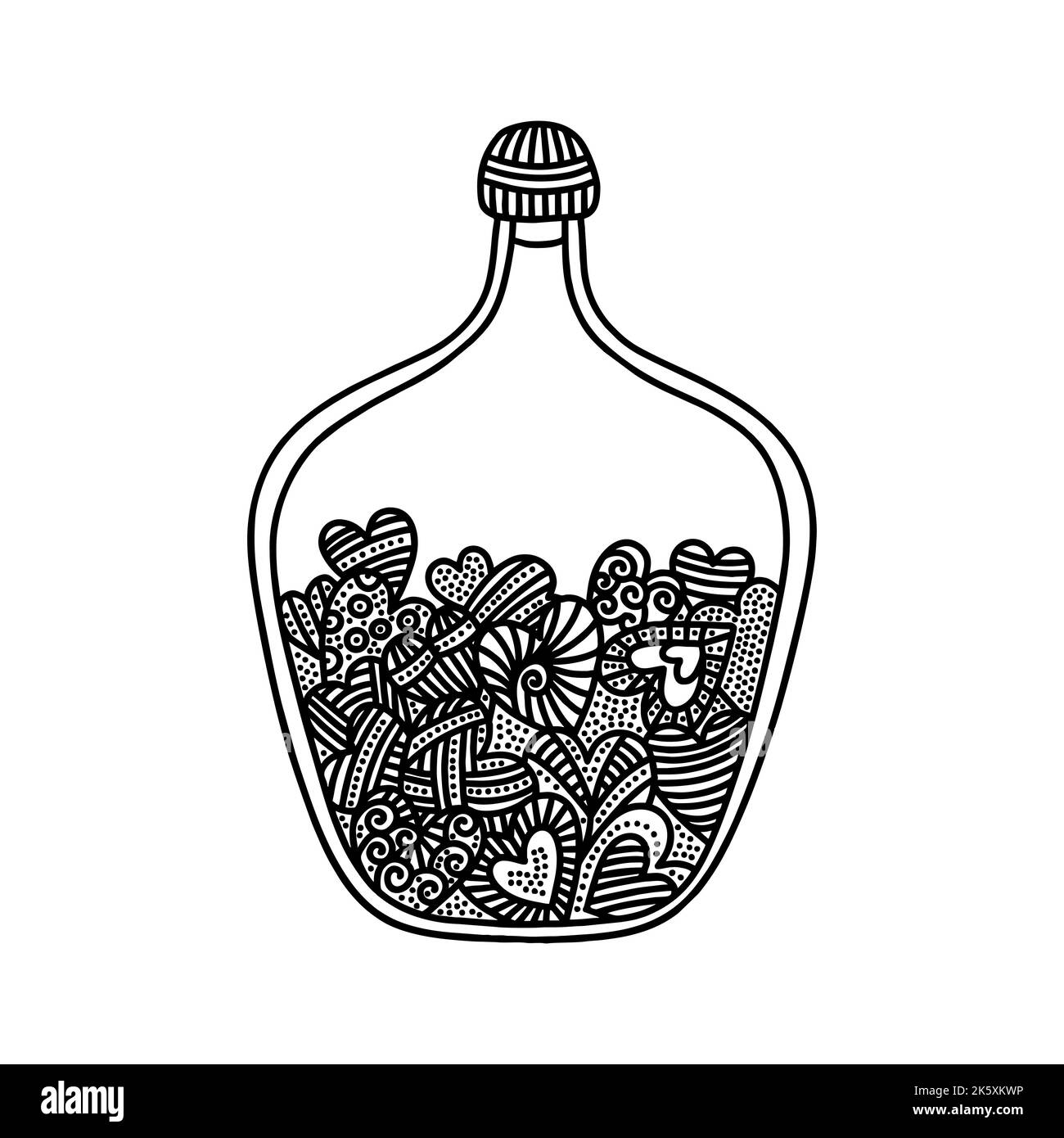 Illustration de style Doodle. Coeurs à l'intérieur de la bouteille, dessinés à la main. Illustration de Vecteur