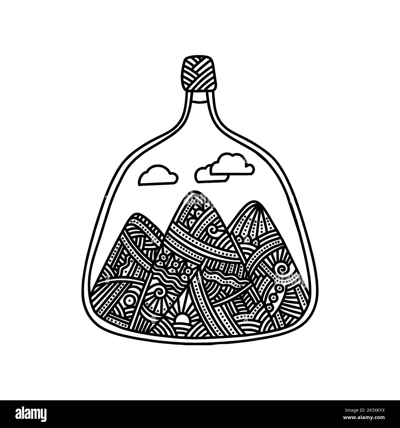 Illustration de style Doodle. Montagnes à l'intérieur de la bouteille, dessinées à la main. Illustration de Vecteur