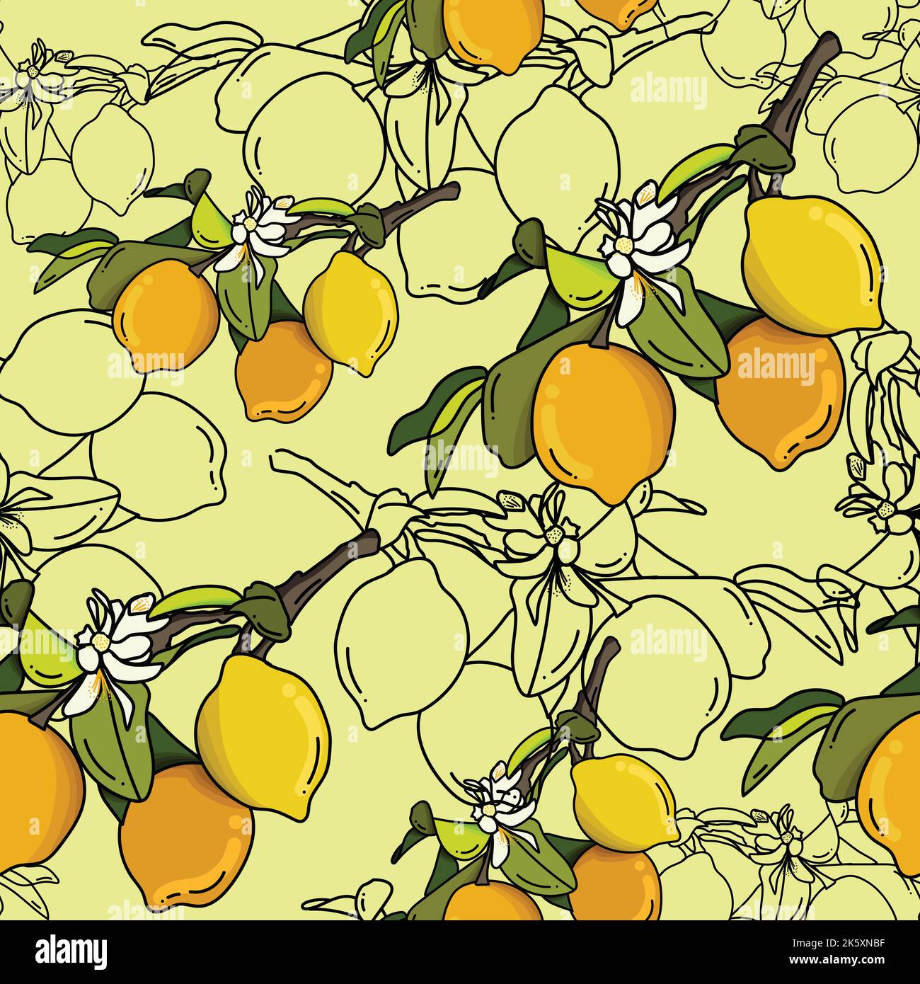 Motif tropical sans couture avec citrons jaunes. Fond répété de fruit. Imprimé vectoriel brillant pour tissu ou papier peint. Illustration de Vecteur