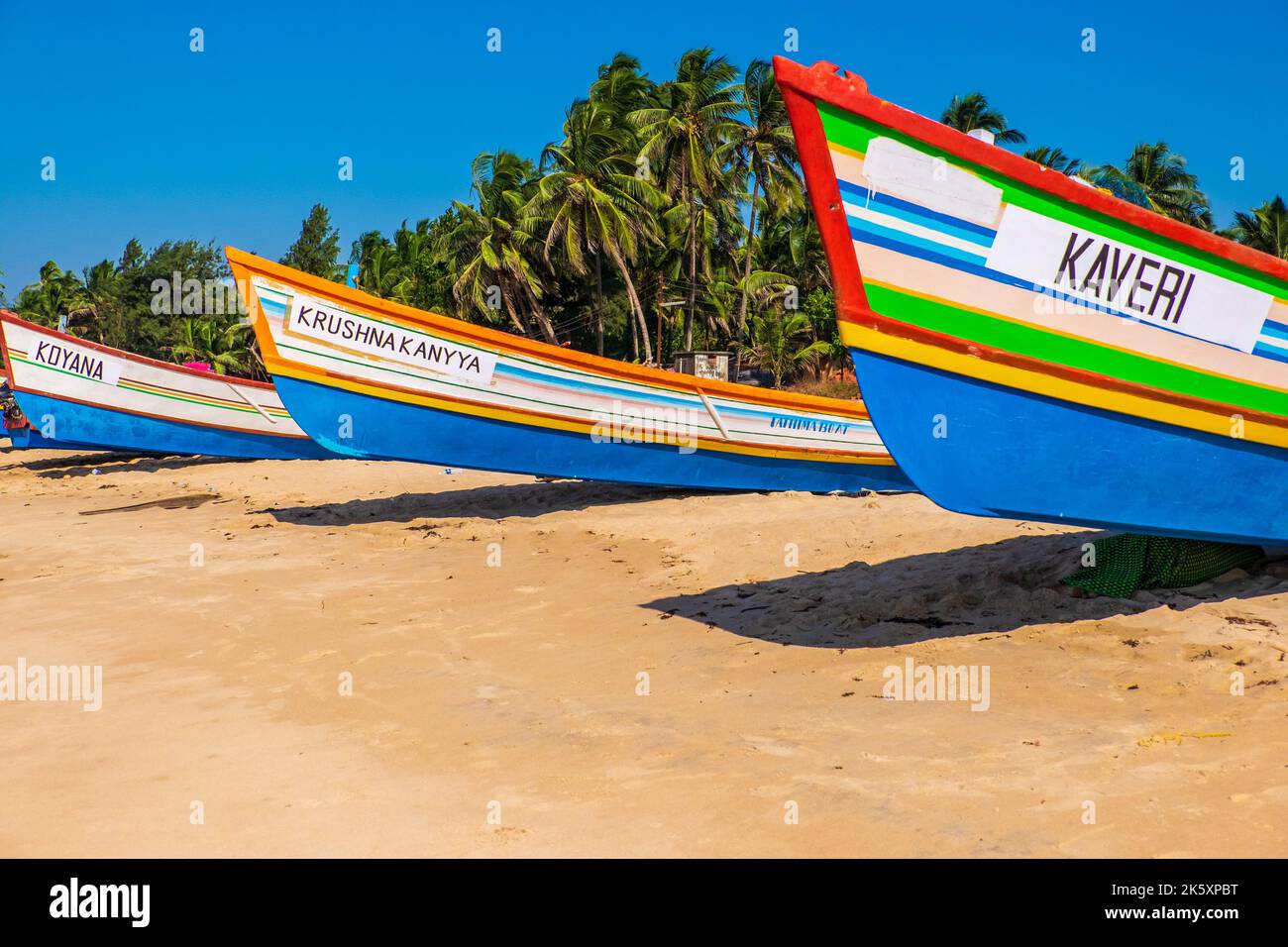 Bateaux de pêche en bois aux couleurs vives sur la côte de Konkan en Inde Banque D'Images