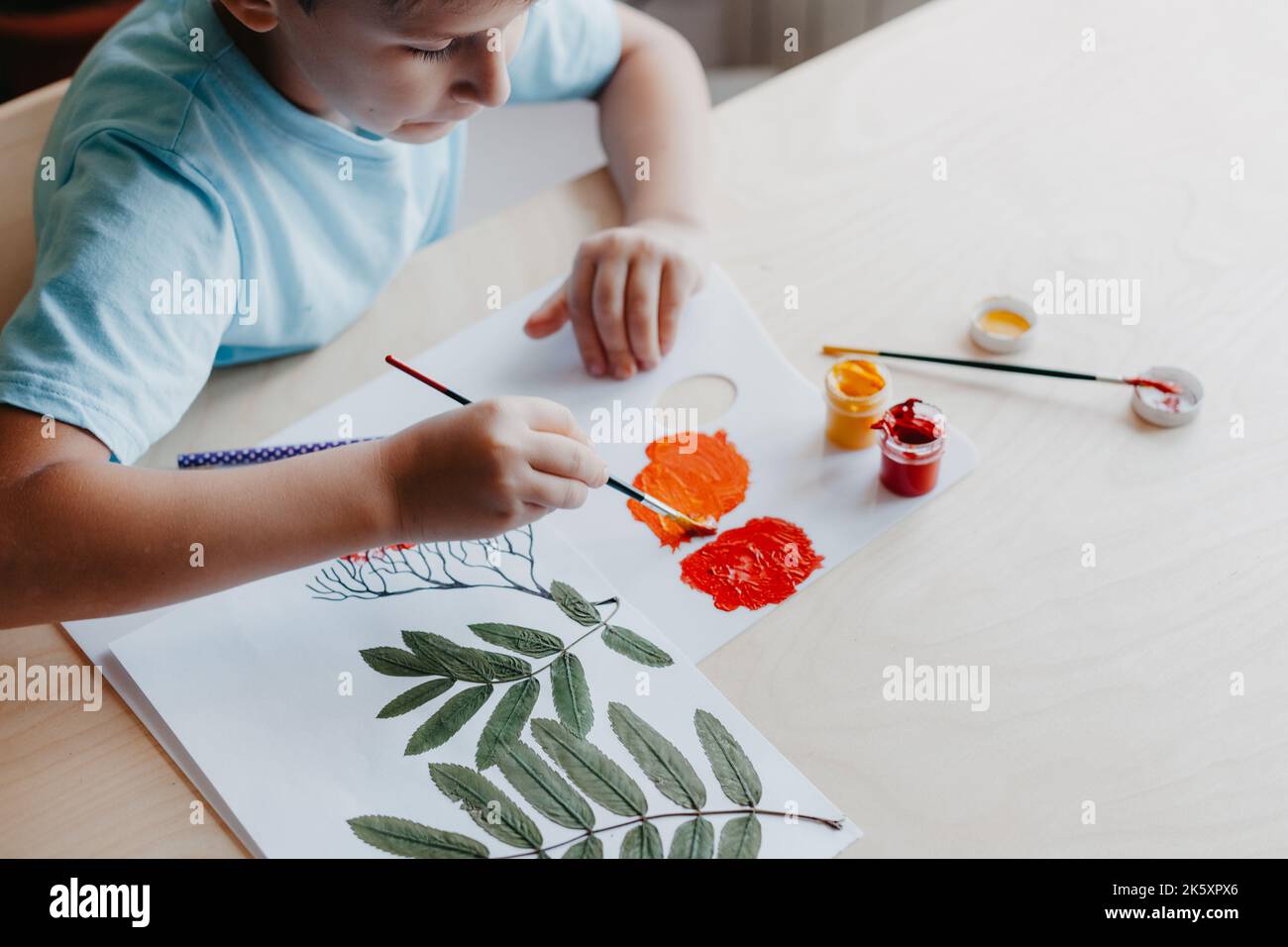 Enfant mignon assis au bureau et dessin de baies de rowanberries sur la feuille d'album avec des feuilles de rowan sèches Banque D'Images