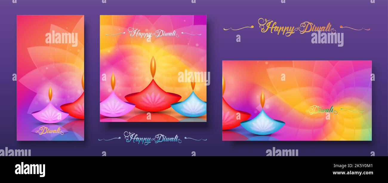 Carte colorée, Happy Diwali Festival of Lights India Celebration. Bannière graphique de l'Indian Lotus Diya Oil Lamps, Modern Colors Design Illustration de Vecteur