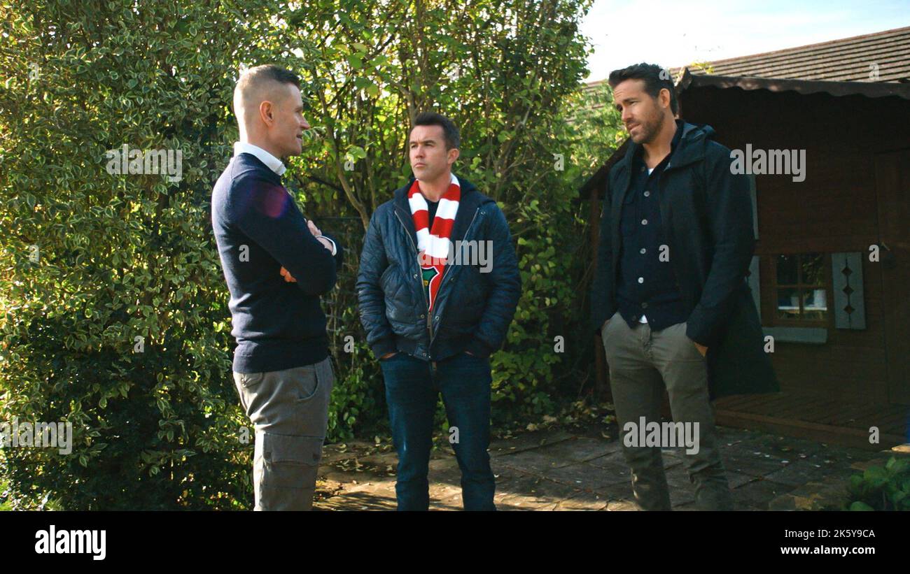 BIENVENUE À WREXHAM, de gauche à droite Spencer Harris, Rob McElhenney, Ryan Reynolds,