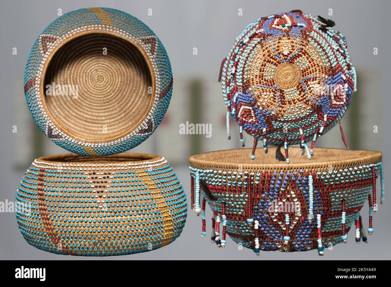 Art de l'Amérique du Nord indigène - deux magnifiques paniers multicolores, finement confectionné Banque D'Images