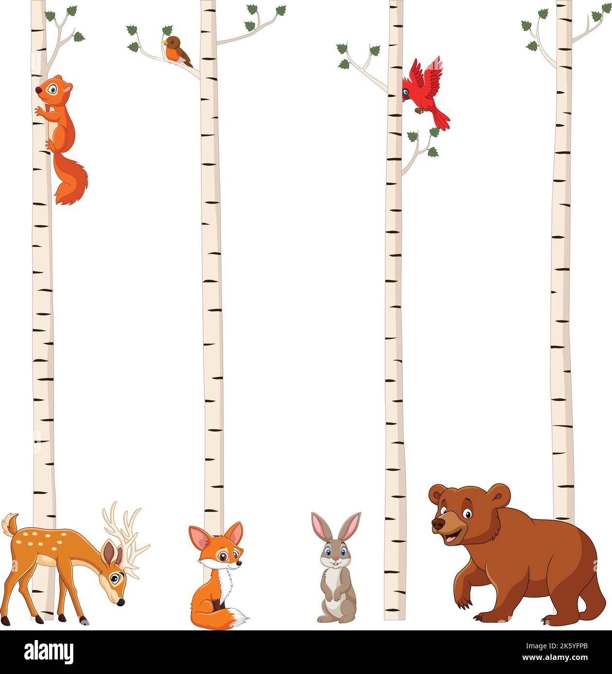 Animaux de la forêt de dessins animés avec le bouleau Illustration de Vecteur