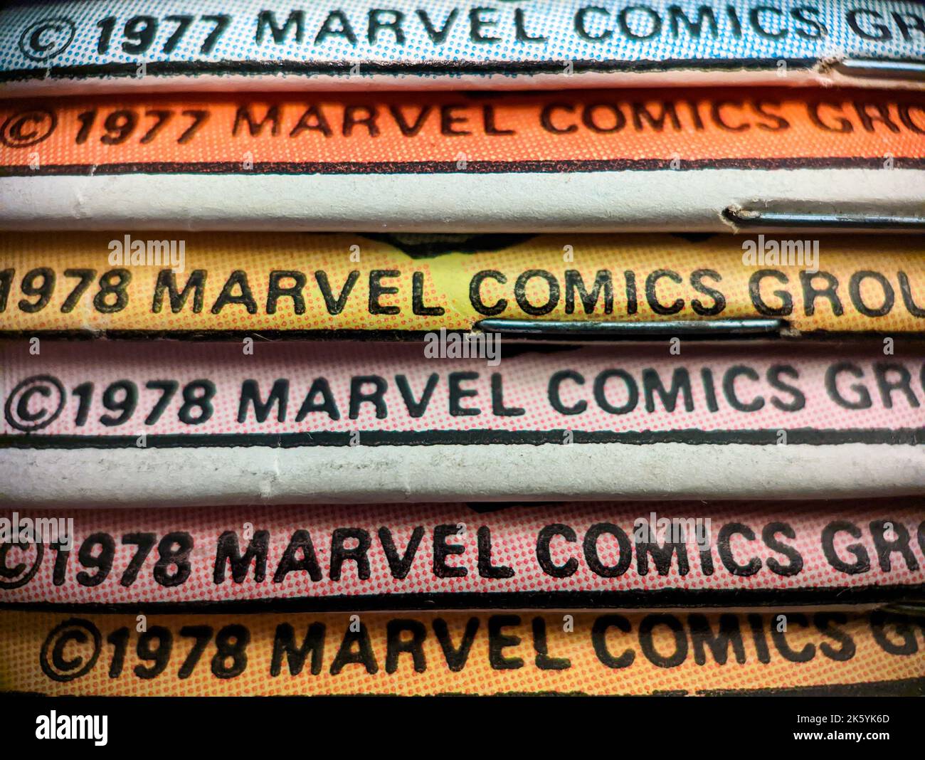 New York City, États-Unis - octobre 2022 : une vue rapprochée des bandes dessinées Marvel vintage qui sont inscrites à la vente aux collectionneurs de bandes dessinées de l'âge de bronze du 1 Banque D'Images