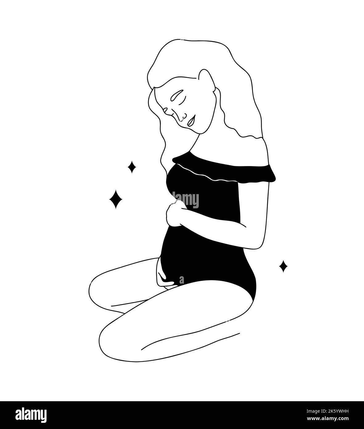 Bonne femme enceinte qui se serre le ventre. Mise en plan d'une ligne. Concept de grossesse et de maternité. Illustration vectorielle de style minimaliste Illustration de Vecteur