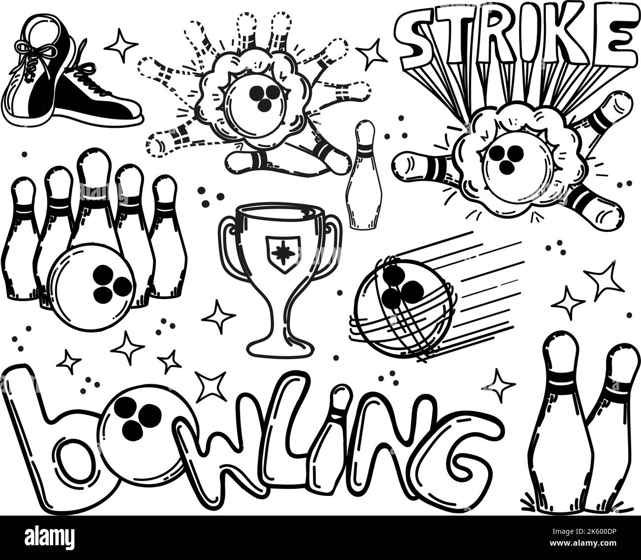 Un ensemble d'éléments dessinés à la main avec un thème de bowling. Boule de bowling, épingles, chaussures. Cuvette. Victoire. Grève de l'inscription manuscrite . La bille smashes les goupilles. Vol Illustration de Vecteur