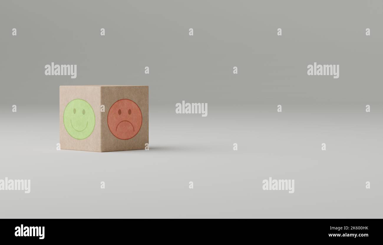 Évaluation du service, classement, avis client, satisfaction et concept d'émotion. Bloc en bois avec visage heureux et malheureux. Symboles souriants et tristes sur la lune Banque D'Images Évaluation du service, classement, avis client, satisfaction et concept d'émotion. Bloc en bois avec visage heureux et malheureux. Symboles souriants et tristes sur la lune Banque D'Images
