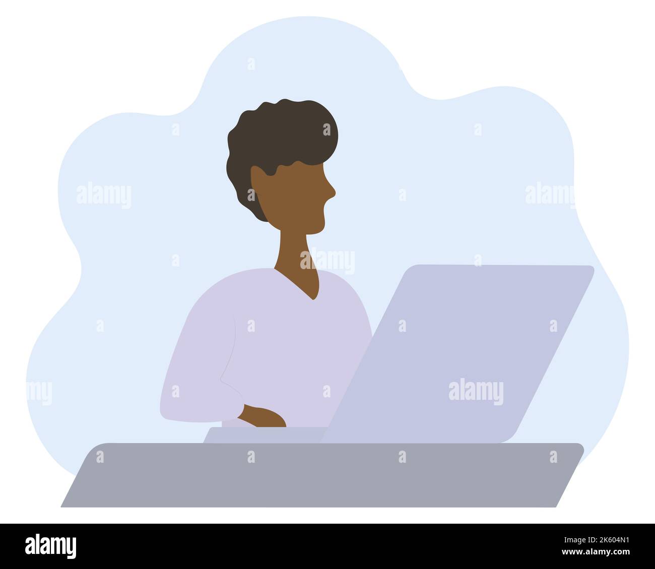 Étudiant afro-américain travaillant sur un ordinateur portable. Illustration à vecteur de couleur. Un jeune homme s'assoit à une table devant un ordinateur portable ouvert et appuie sur les touches. Illustration de Vecteur