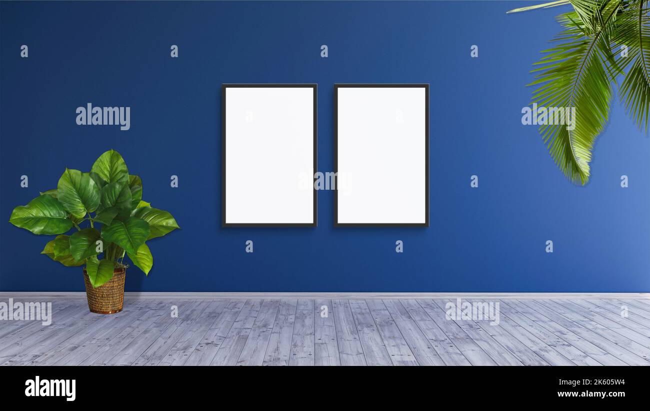2 maquette de cadre verticale sur un mur bleu avec des plantes à feuilles vertes 3d rend l'ilustration. Banque D'Images