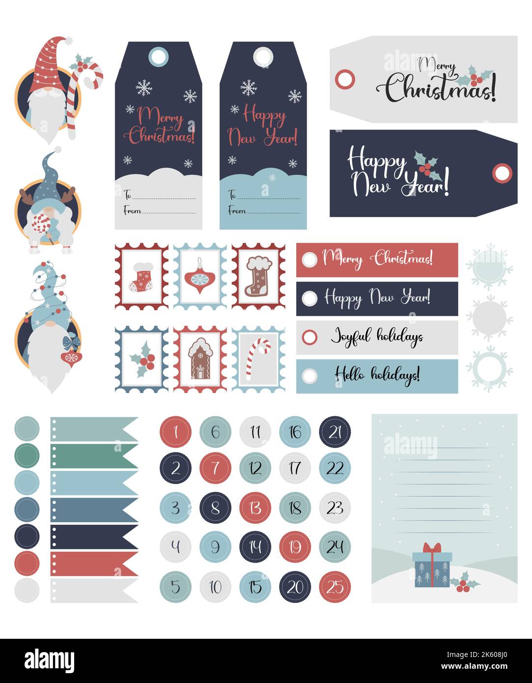 Ensemble de gabarits de Noël et d'étiquettes cadeau avec jolis gnomes