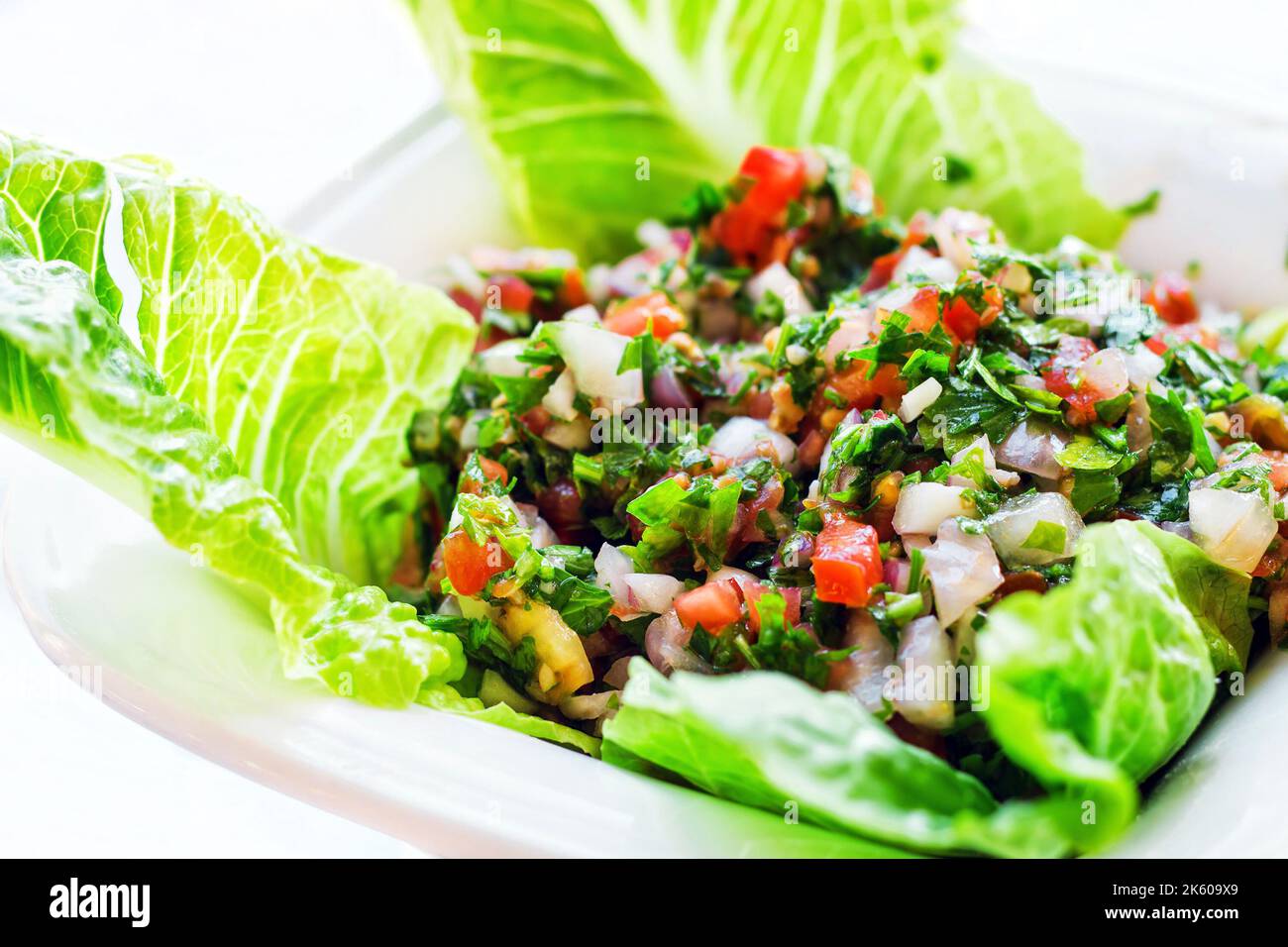 Salade traditionnelle de tabouleh du Moyen-Orient (dof peu profond) Banque D'Images