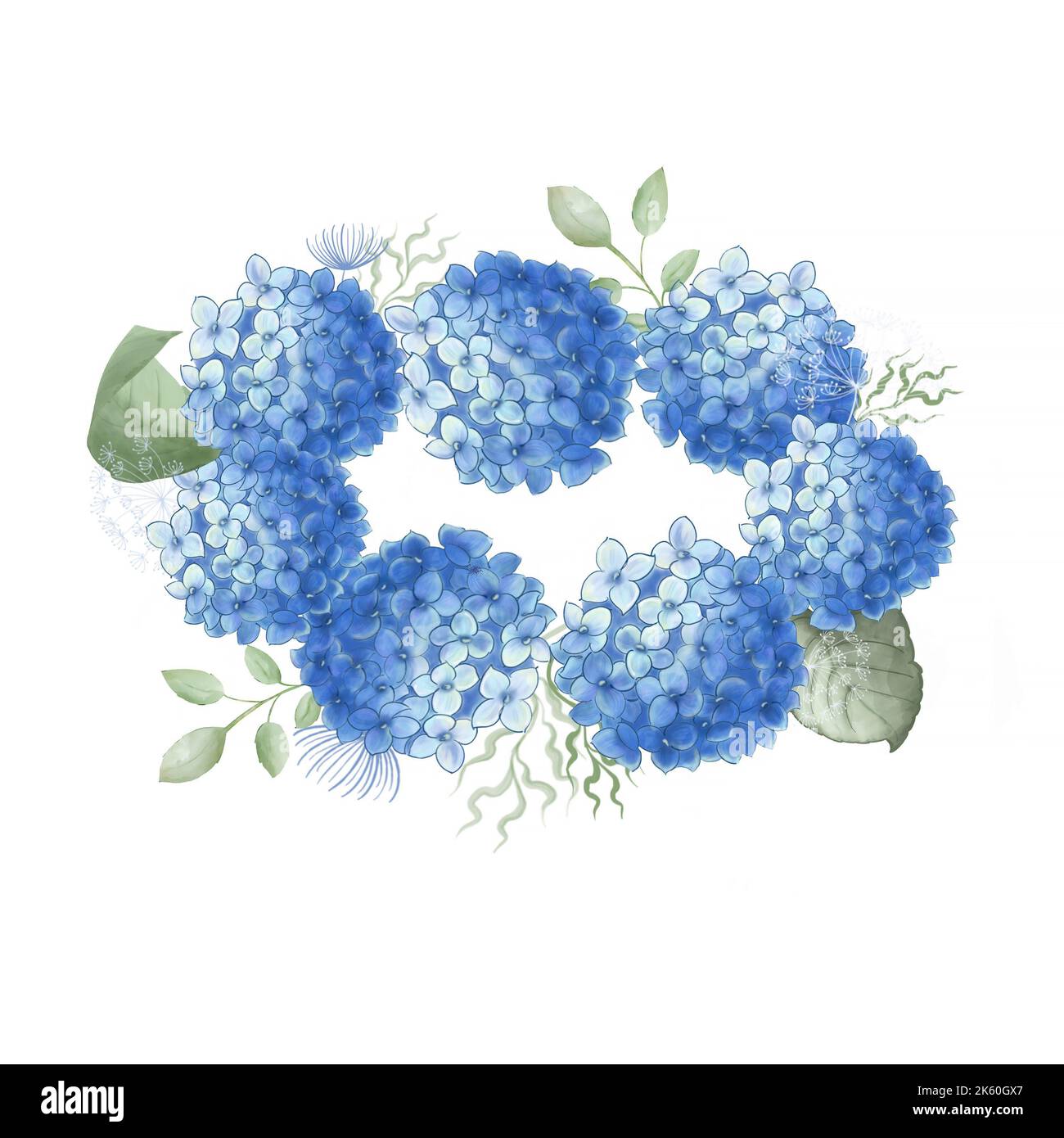 Cadre de fleurs d'hortensia bleu, peinture à la main botanique aquarelle. Éléments floraux pour votre style. Banque D'Images