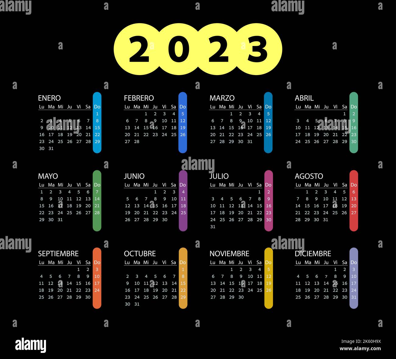 Calendrier de poche sur 2023 ans, espagnol. Calendrier horizontal couleur sur fond noir. La semaine commence le lundi. Modèle vectoriel pour l'entreprise. Illustration de Vecteur