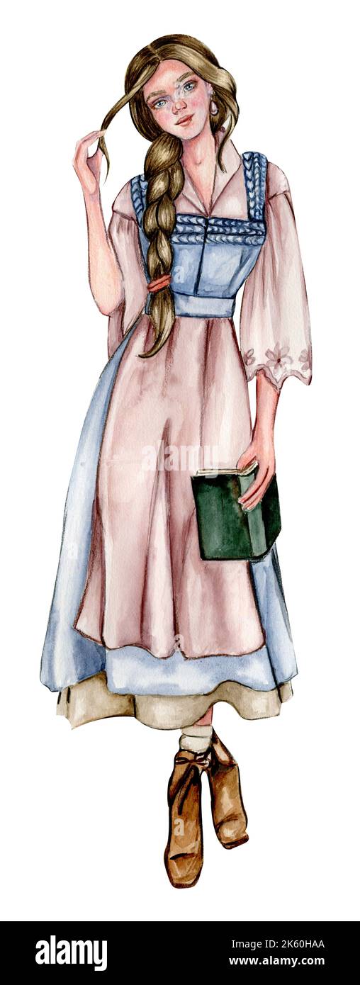 Fille aquarelle dessinée à la main en robe vintage avec livre Banque D'Images