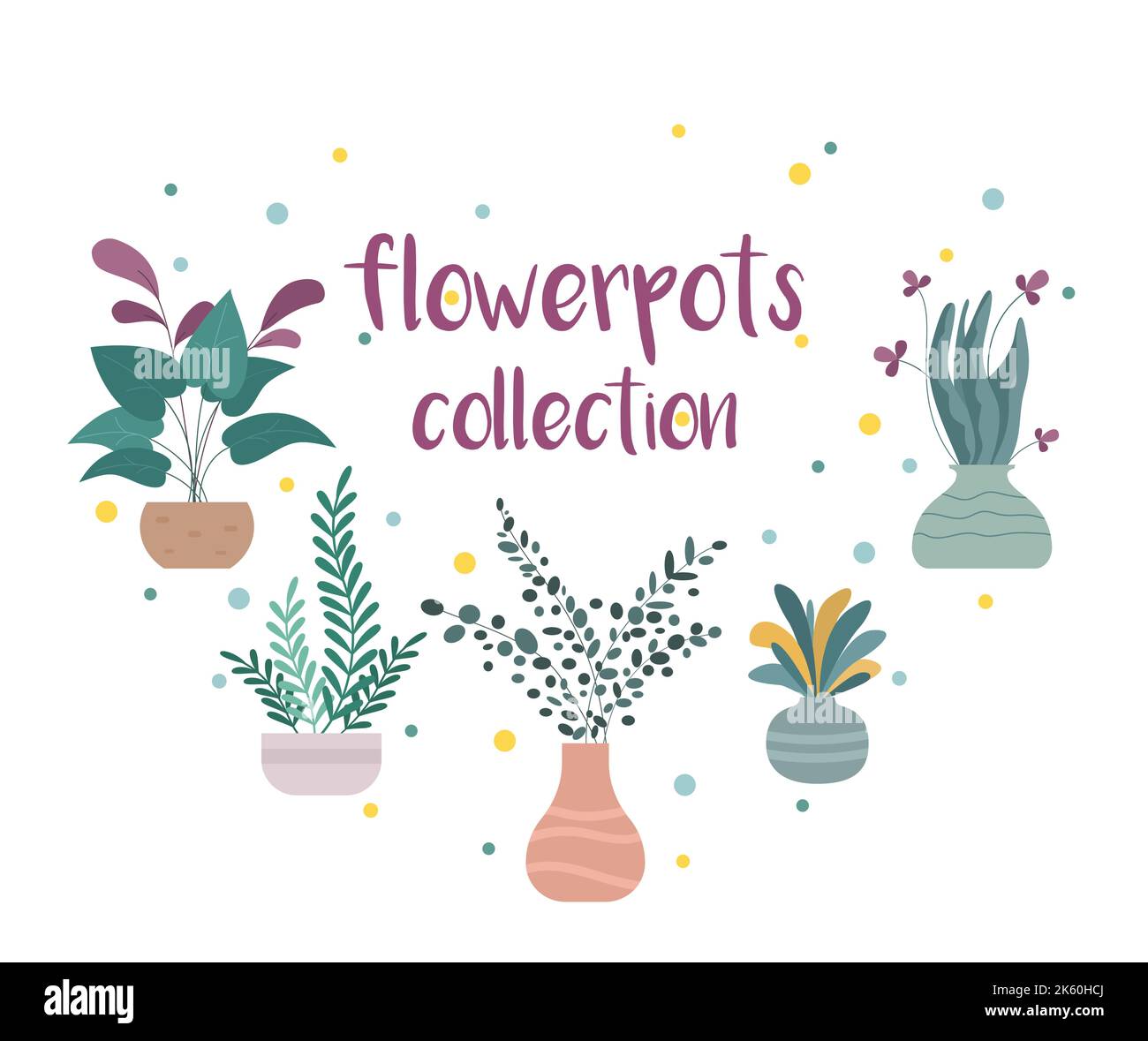 Collection pots de fleurs. Ensemble de jolies fleurs dans des vases. Plantes de maison en pots. Illustration vectorielle dessinée à la main. Illustration de Vecteur