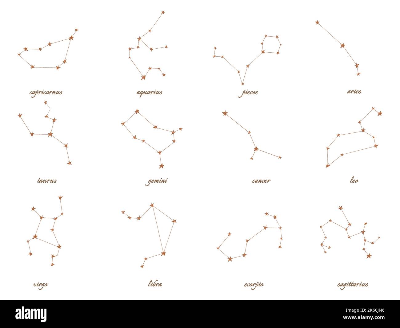 Constellations de signes du zodiaque ensemble. Lignes d'or et étoiles. Isolé sur un fond blanc. Pour l'autocollant de conception, imprimer sur des vêtements, des cartes postales. Banque D'Images