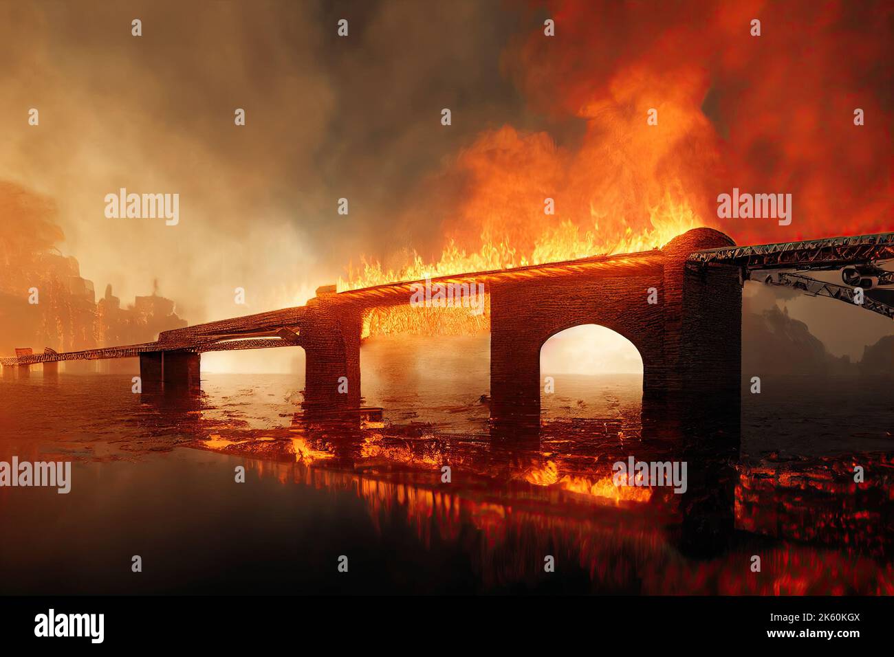 L'explosion sur le pont du détroit de Kerch de Crimée en est une illustration de 3D. Un sabotage à la logistique dans la guerre. Un champ de bataille infernale dans une ville de terre en friche Banque D'Images
