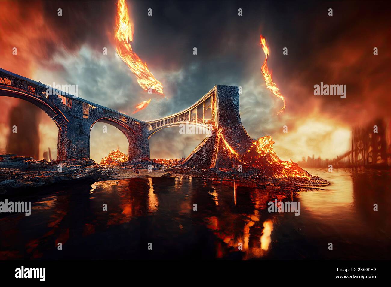 3D illustration d'une explosion sur le pont de Crimée du détroit de Kerch en cas de feu. Un champ de bataille infernale dans une ville de terre en friche d'Ukraine est le concept de Banque D'Images