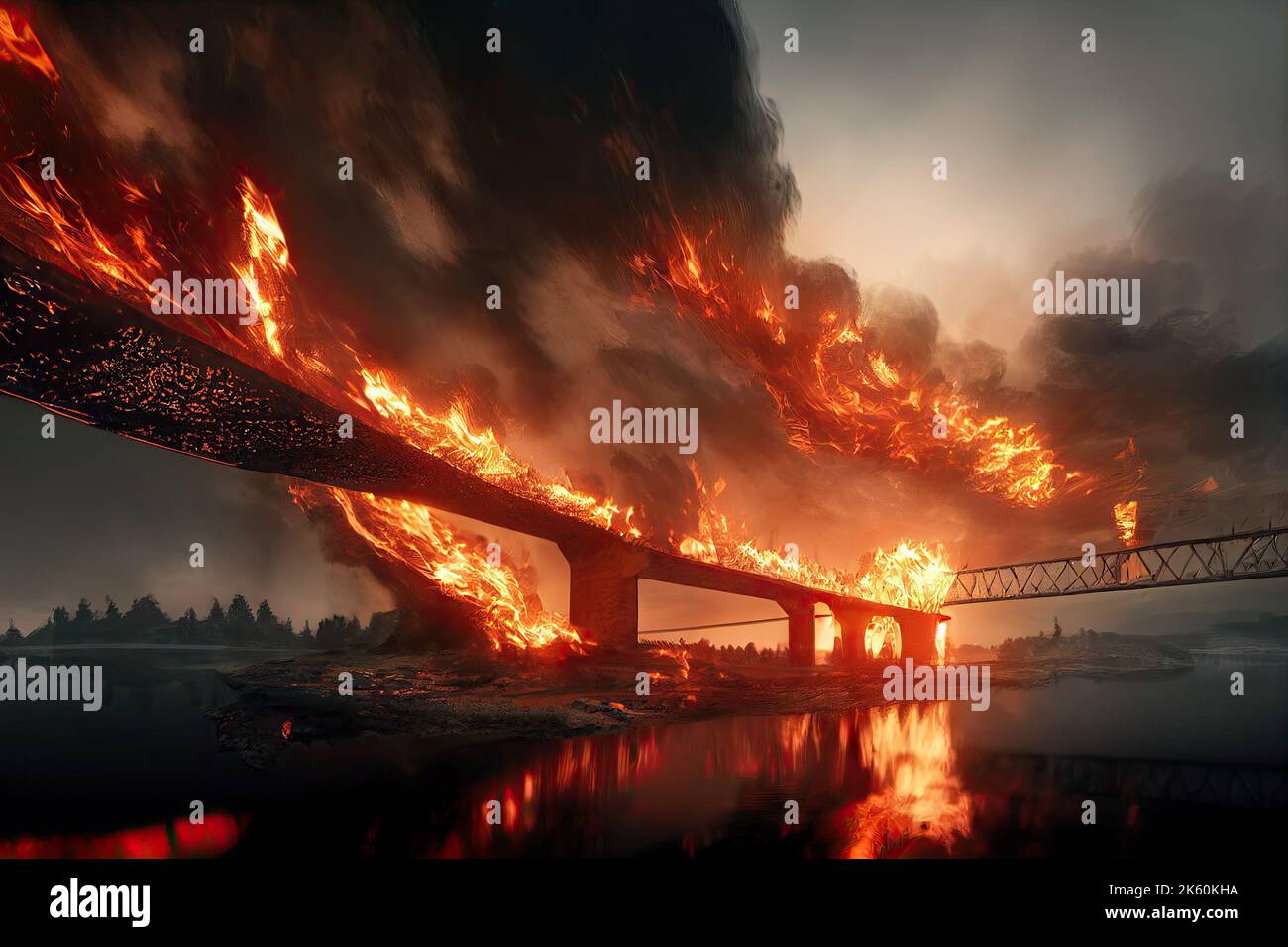 3D illustration d'une explosion sur le pont de Crimée du détroit de Kerch en cas de feu. Concept de sabotage à la logistique dans une guerre apocalyptique. Hellish Banque D'Images