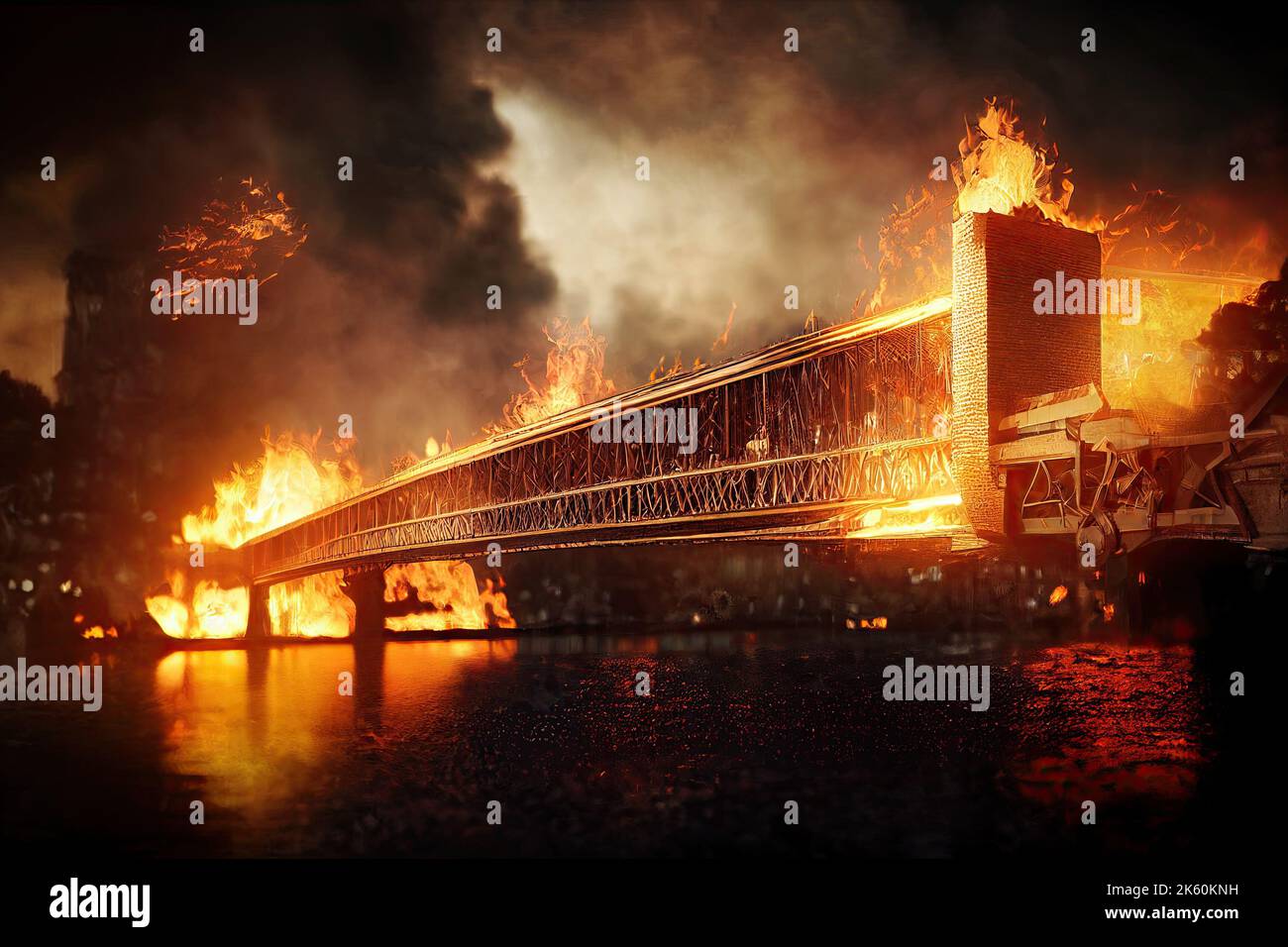 Explosion sur le pont de Crimée du détroit de Kerch en 3D. Un sabotage a été tenté de logistique dans une guerre Ukraine-Russie. Un champ de bataille infernale Banque D'Images