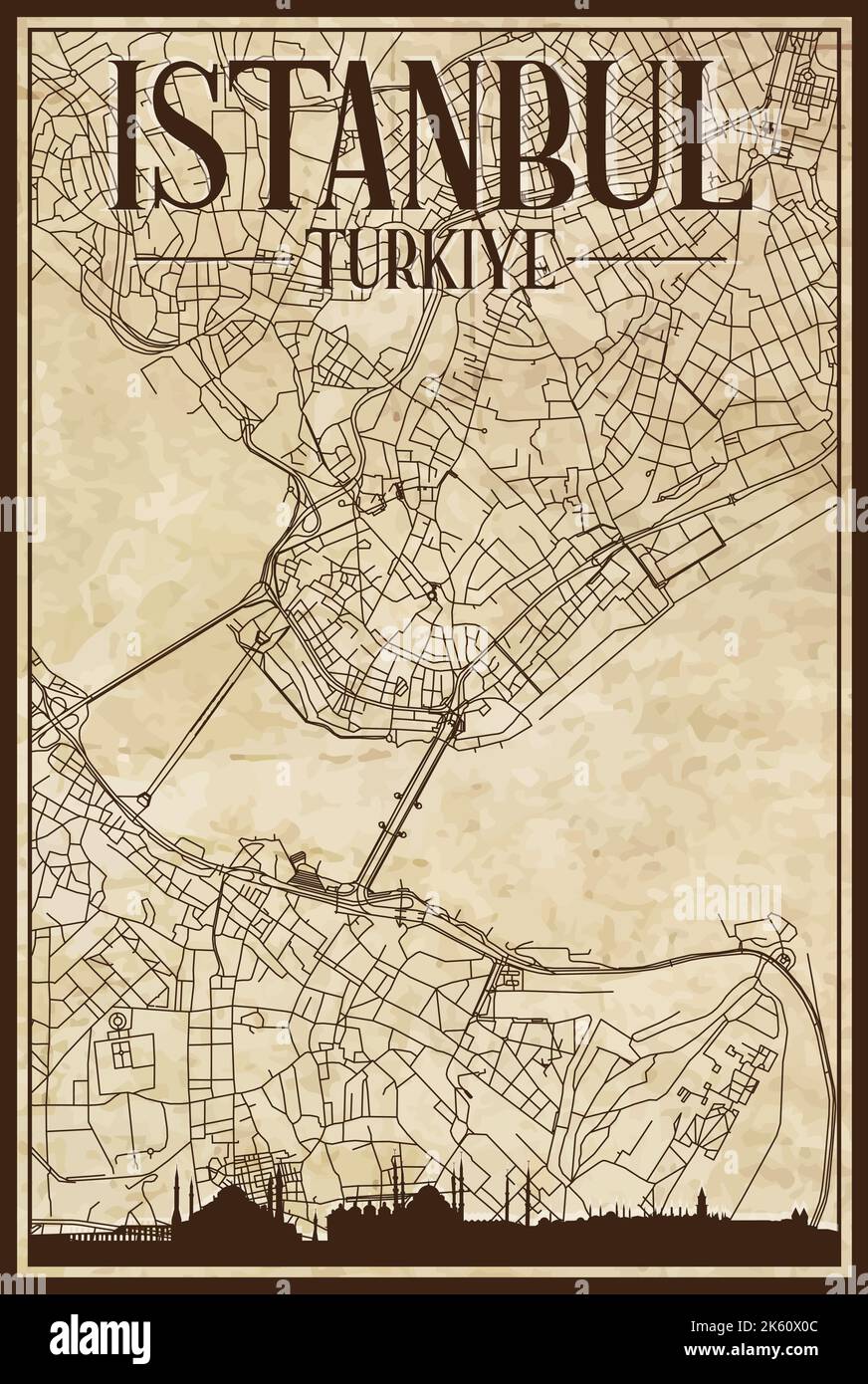 Réseau de rues du centre-ville dessinées à la main carte imprimée d'ISTANBUL, TURKIYE Illustration de Vecteur