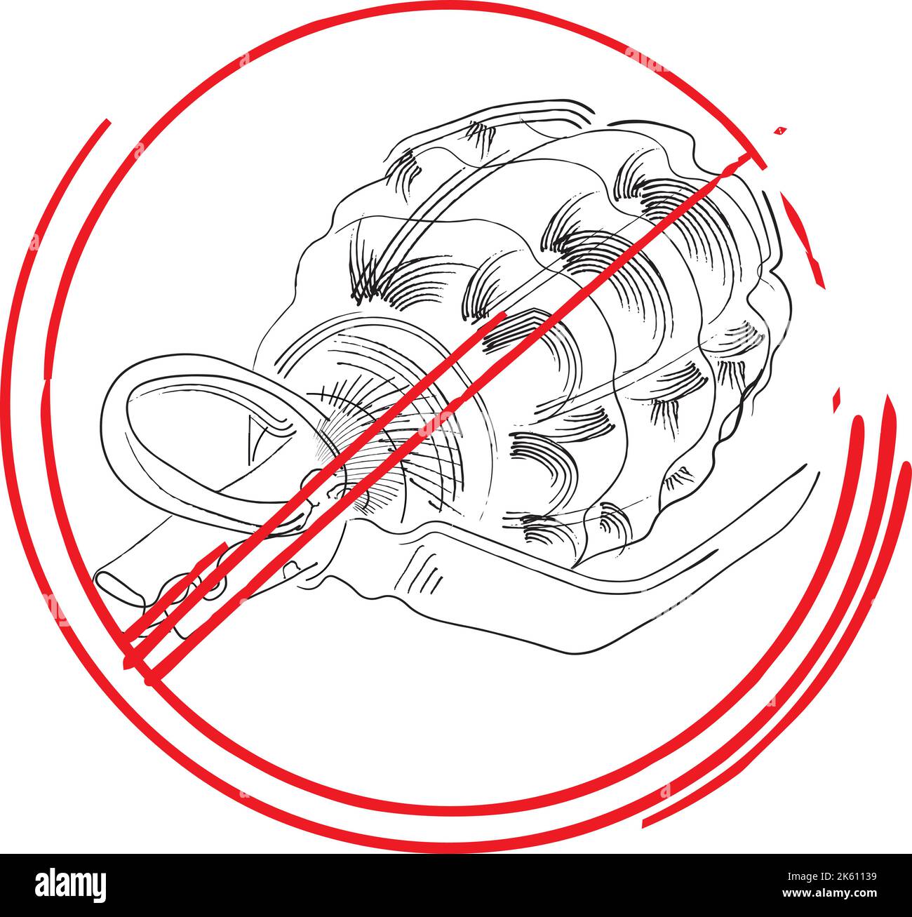 grenade noire et blanche barrée dans un cercle rouge. Esquisse. Dites non à l'affiche de guerre. Message pour arrêter la guerre. Faites la paix et répandre l'amour. Illustration de Vecteur