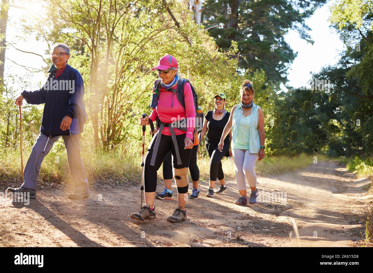 Randonnée, marche et femmes âgées dans une forêt ou des bois sur un sentier de randonnée ensemble. Groupe de vieilles femmes faisant de l'exercice, de l'exercice physique et de la forme physique à la retraite Banque D'Images