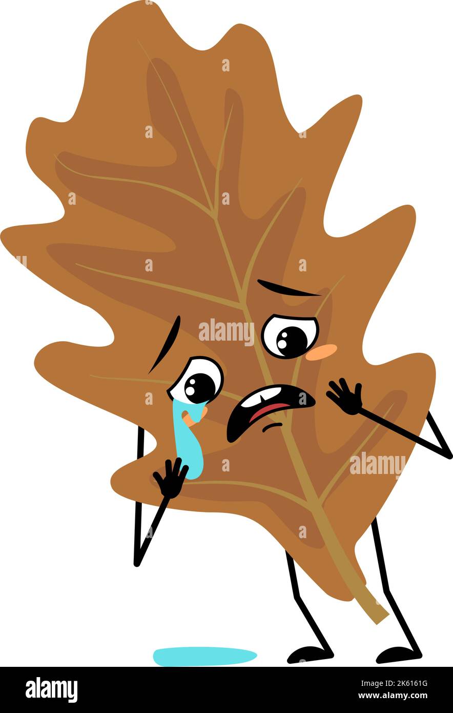 Chêne caractère feuille avec pleurs et larmes émotion, visage triste, yeux dépressifs, bras et jambes. Plante forestière de couleur brun d'automne. Illustration vectorielle plate Illustration de Vecteur